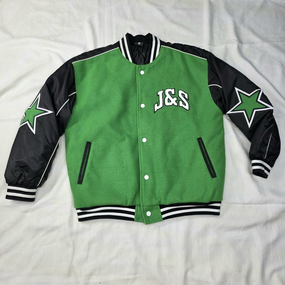 JGR & STN Jacket Womens 4 Green Black Varsity Letterman Star‎ Patch Quilted Snap